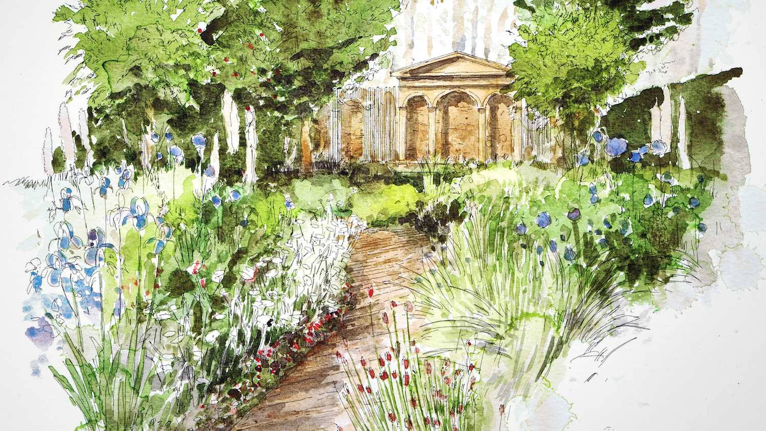 A watercolour illustration of a garden