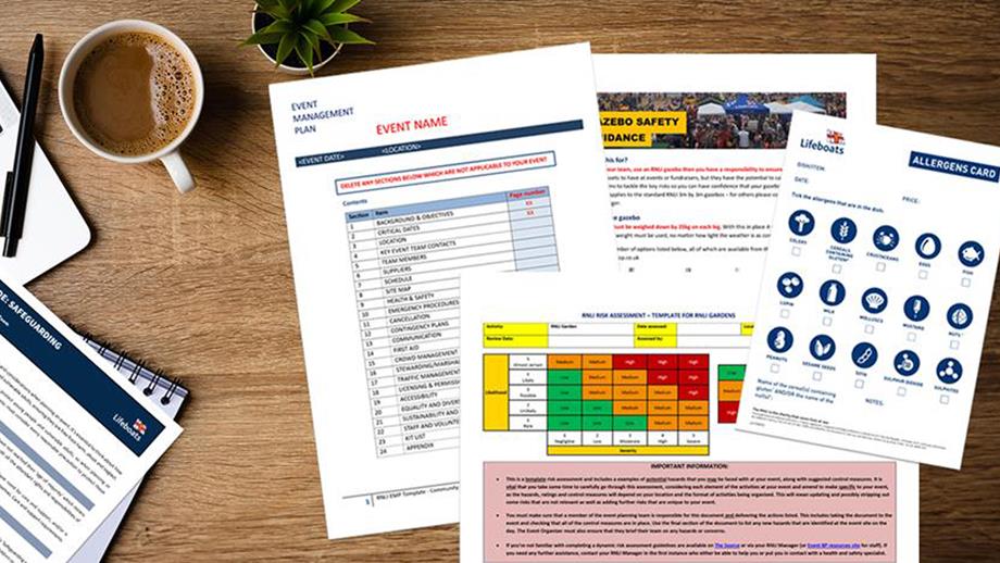 Pages of event planning resources lying on a table next to a coffee cup