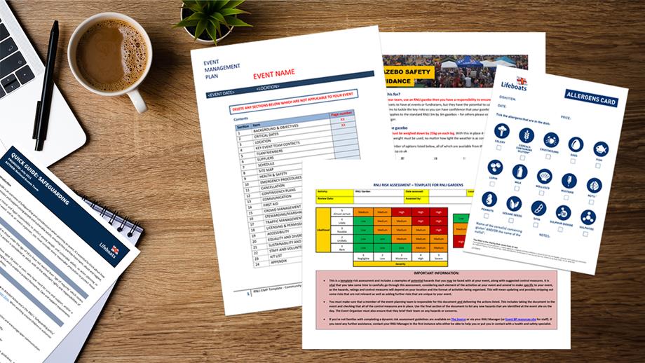 Pages of event planning resources lying on a table next to a coffee cup