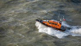 Relief Shannon Class Lifeboat Storm Rider 13-04. An aerial shot taken from a Helicopter during rough weather filming.