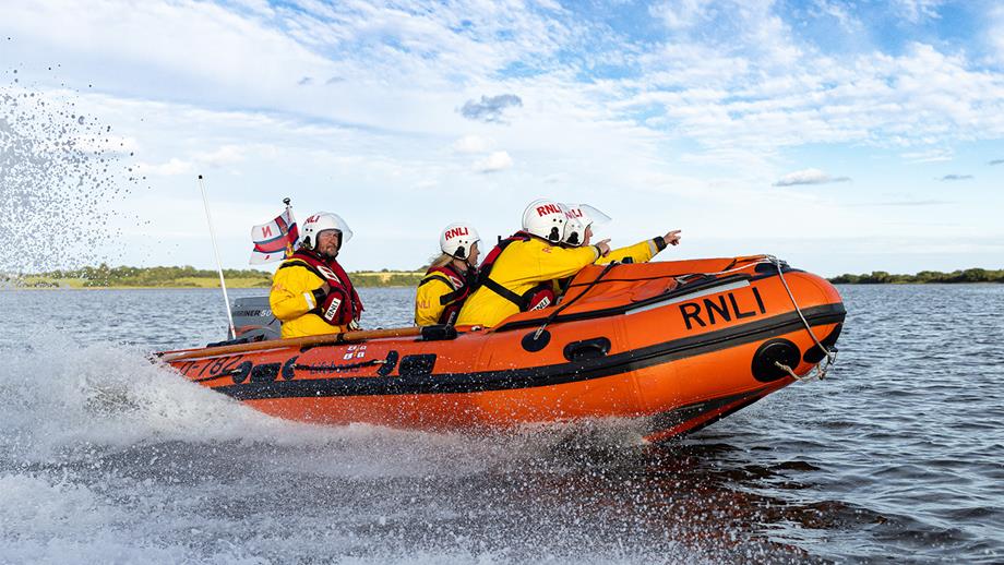 Wexford crew powering through the water onboard their D class lifeboat Alfred William Newman