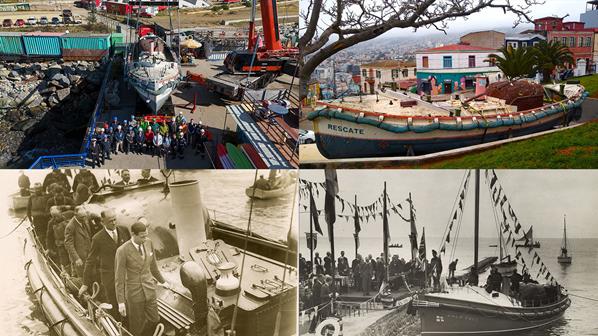 Montage of both historic and modern images of a lifeboat in the UK and in Chile
