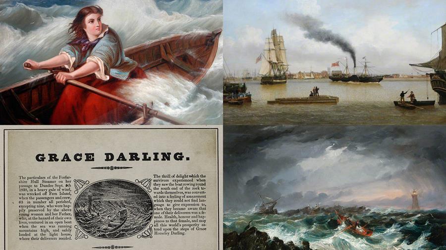 Paintings showing Grace Darling and the famous rescue and an old newspaper article about Grace Darling