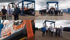 Montage of four photos from the bell ringing ceremony for the lifeboat Bobby Cameron, showing various groups of people standing in front of the lifeboat