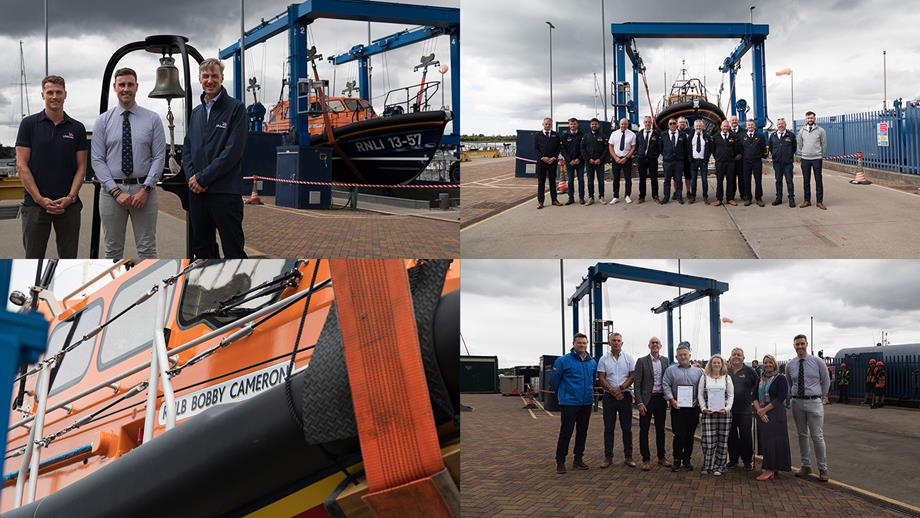Montage of four photos from the bell ringing ceremony for the lifeboat Bobby Cameron, showing various groups of people standing in front of the lifeboat