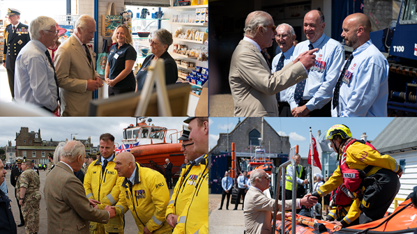 Montage of four images showing His Majesty King Charles III meeting RNLI volunteers