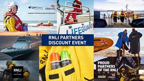 Montage of photos showing RNLI partners such as Xtratuf, Grangers, Fred Olsen, dryrobe and Finisterre