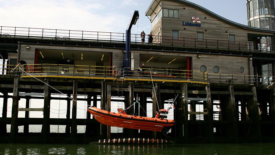 Southend-on-Sea RNLI’s B class Atlantic 75 lifeboat, Vic and Billie Whiffen B-776, being launched from the boathouse via the davit system