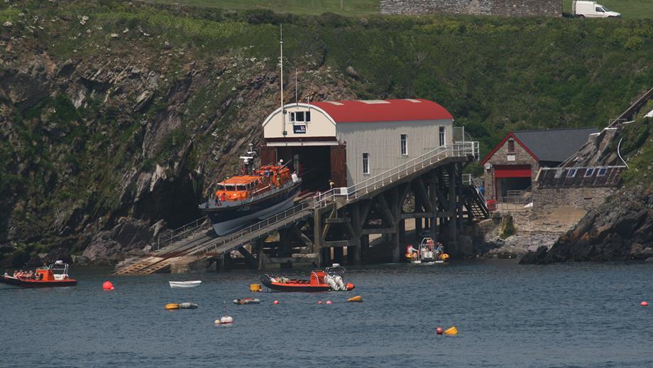 St Davids RNLI’s Tyne class lifeboat, Garside 47-026, launching down the slipway of the current lifeboat station