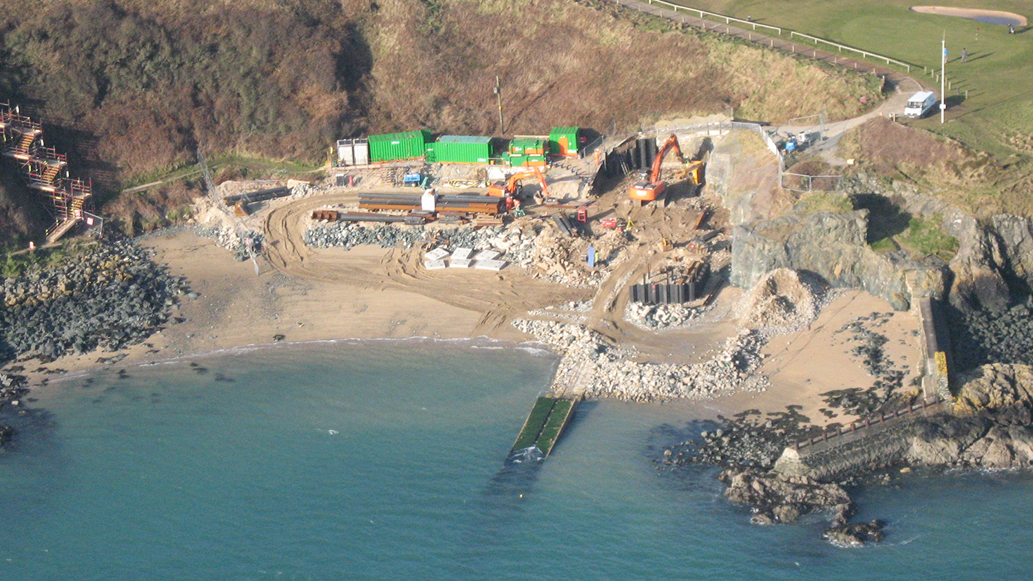 Aerial shot of the new lifeboat station being built at Porthdinllaen in March 2013
