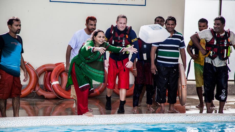 Flood rescue trainees in a swimming pool in Bangladesh