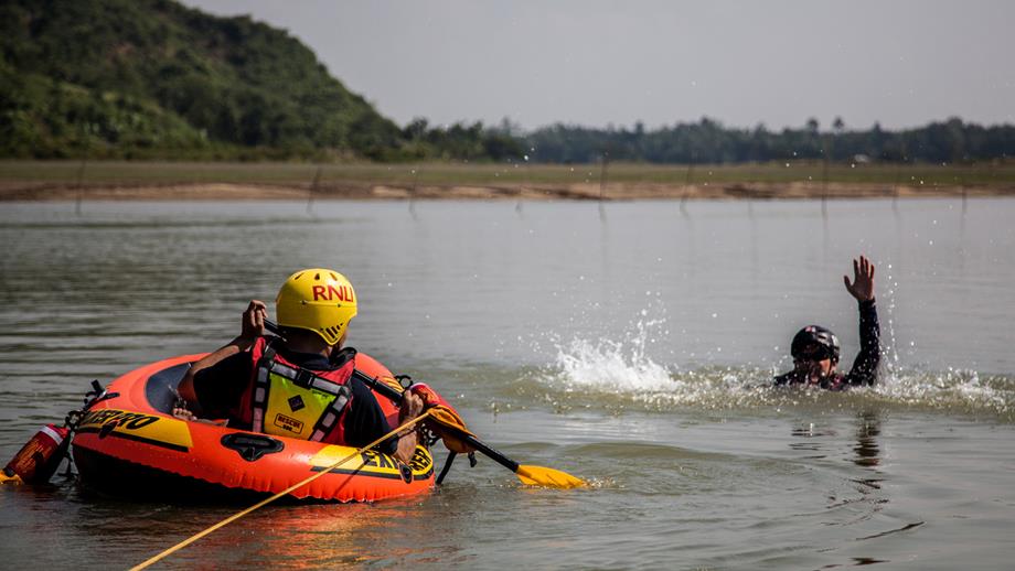 A flood rescue training session on a river in Bangladesh