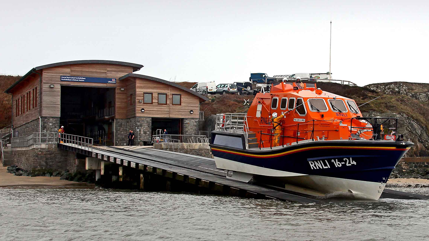 Porthdinllaen RNLI’s Tamar class lifeboat, John D Spicer 16-24, launching down the slipway of the new lifeboat station in March 2015