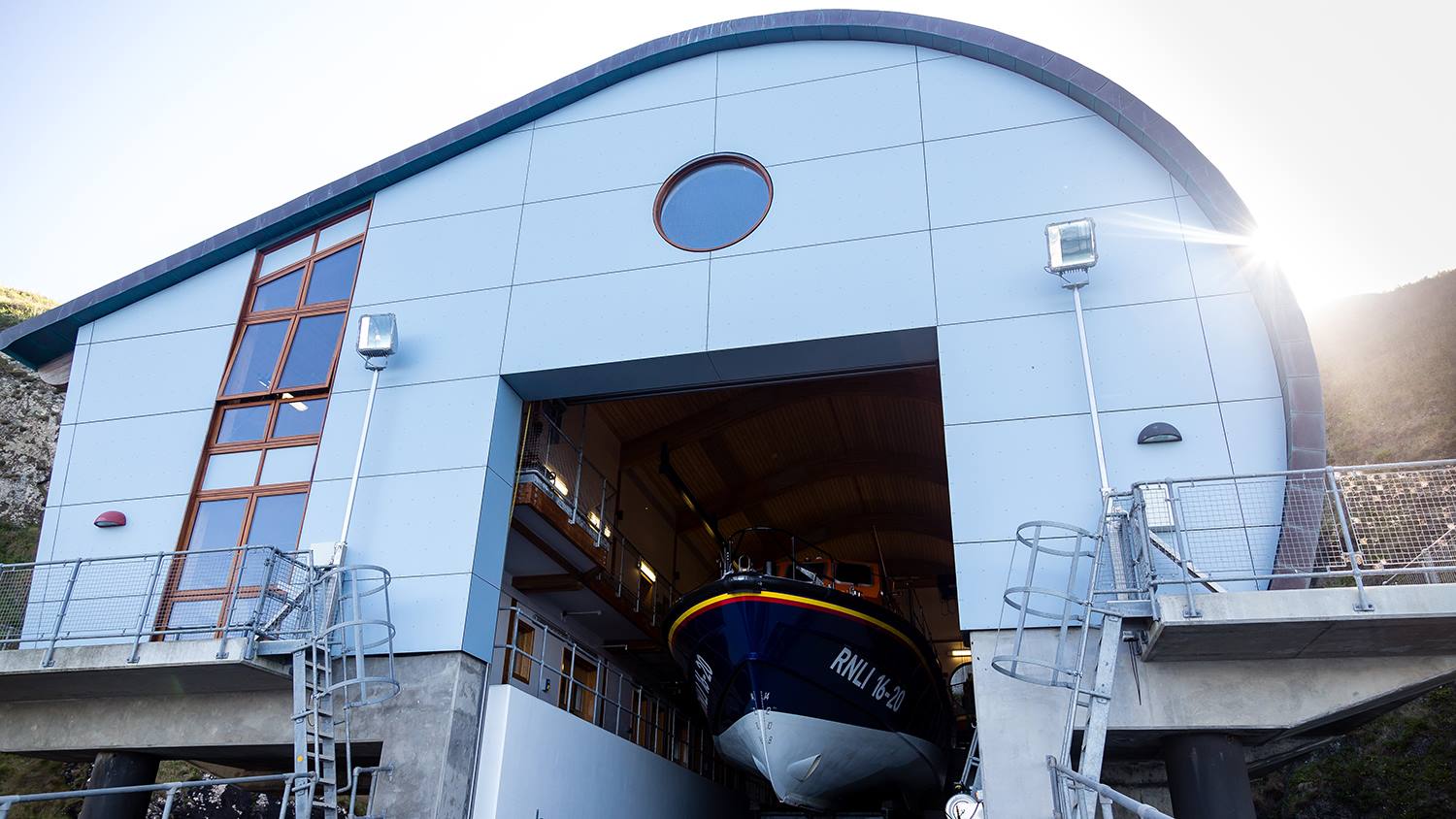 The Lizard RNLI’s Tamar class lifeboat, Rose 16-20, on the slipway inside the station’s new boathouse