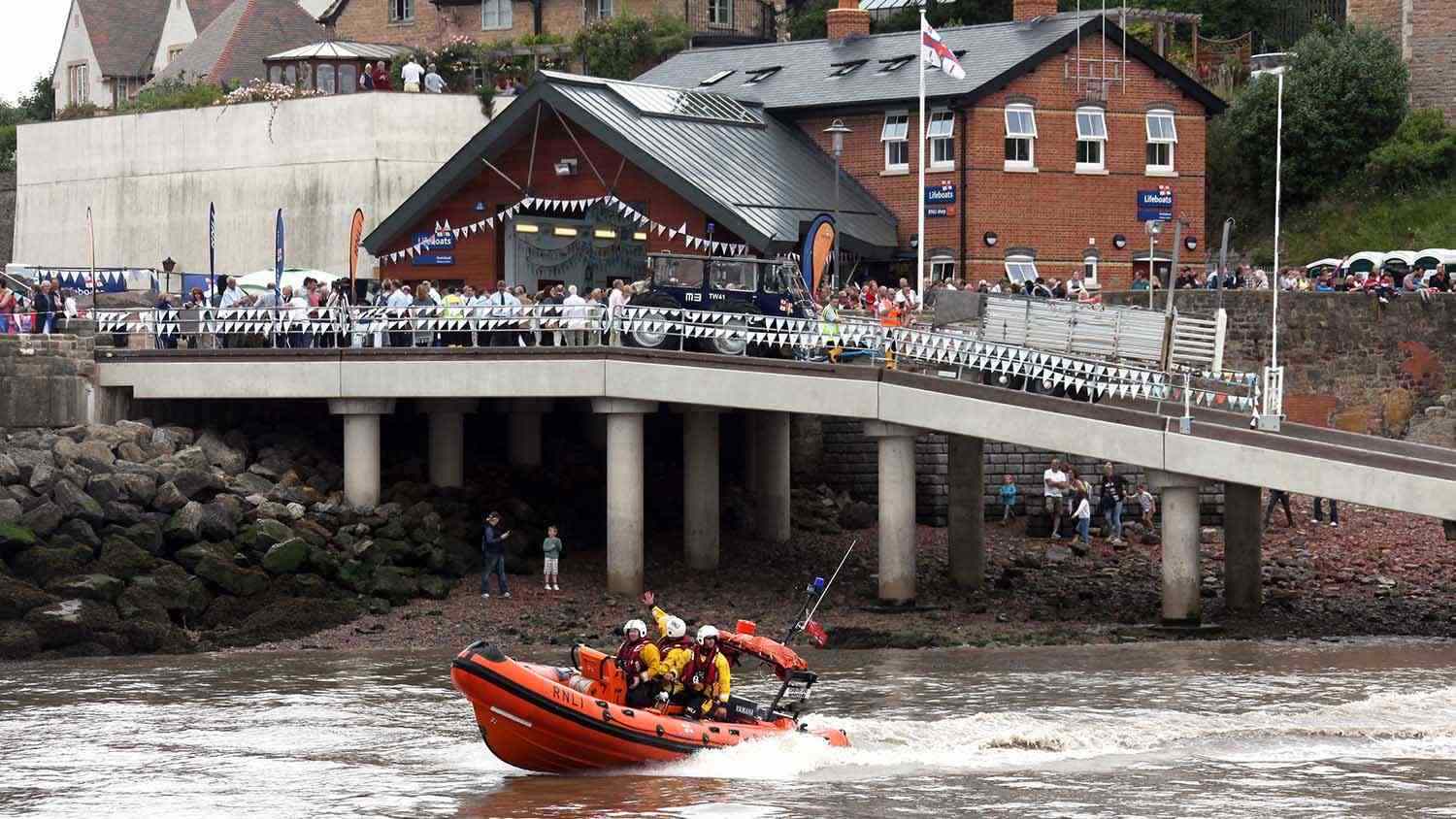 The official opening of the new RNLI Portishead Lifeboat Station with the lifeboat crew in their B class Atlantic 85 lifeboat, My Lady Anne B-884