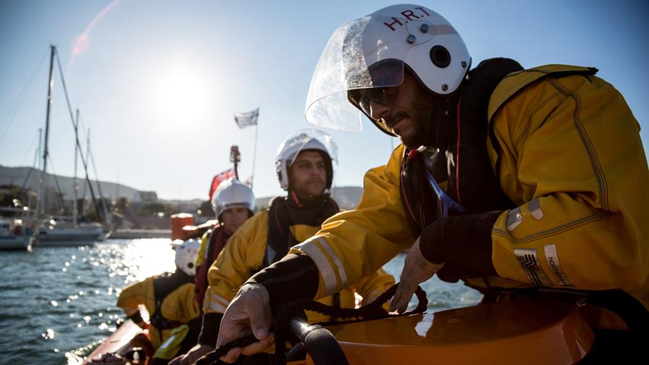 Hellenic Rescue Team crew onboard their inshore lifeboat