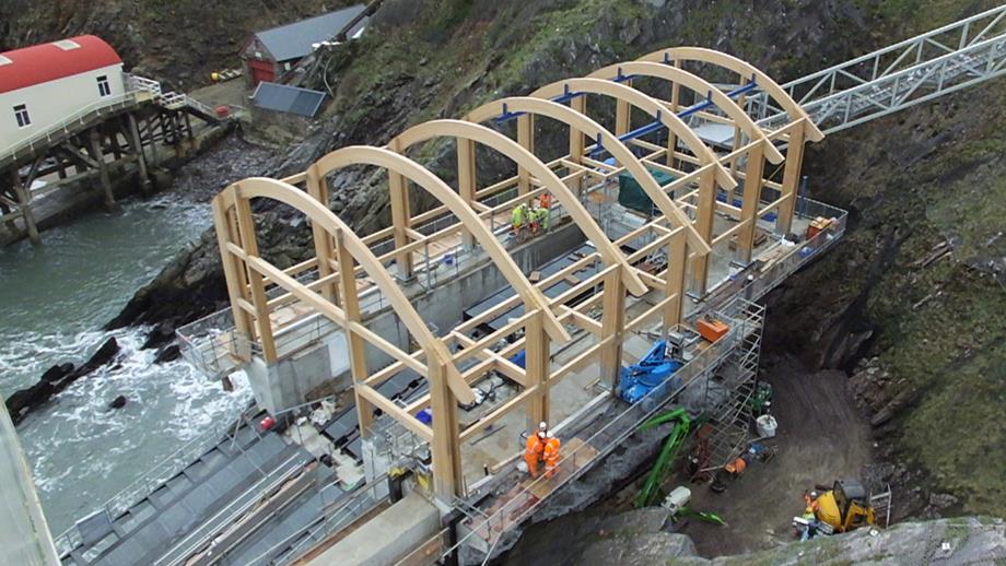 The Glulam frame of the new boathouse under construction.