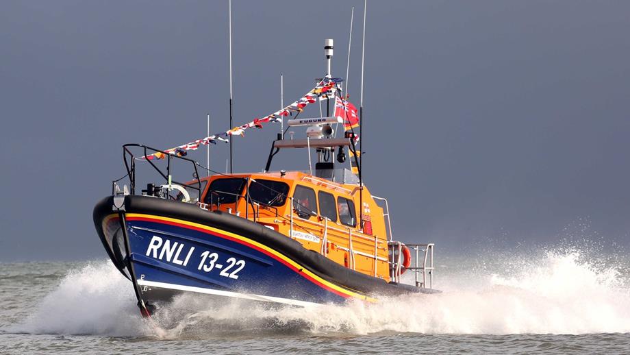 The Bridlington Shannon class lifeboat is on the water 