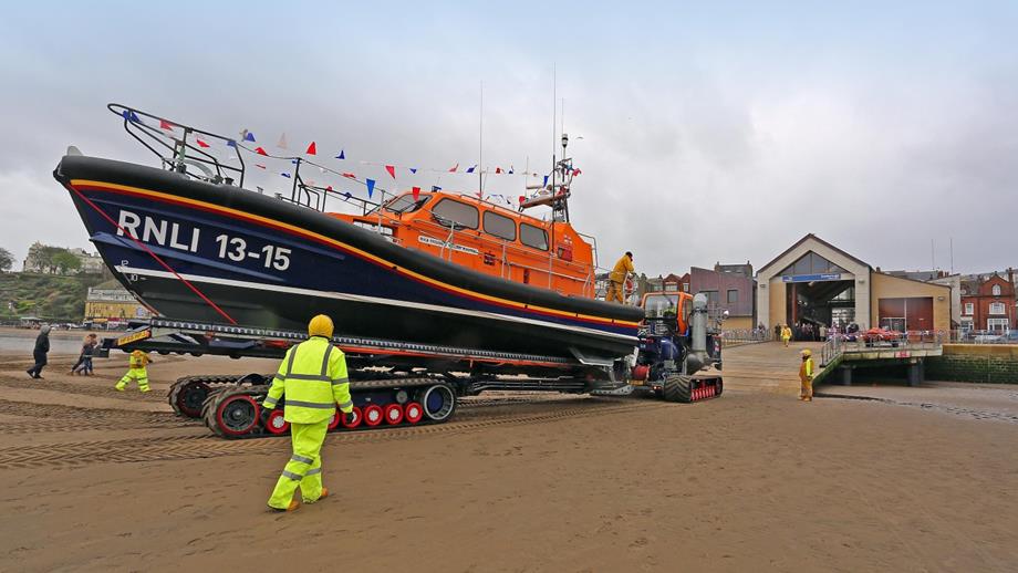 Scarborough’s Shannon class lifeboat on the beach next to the new lifeboat station