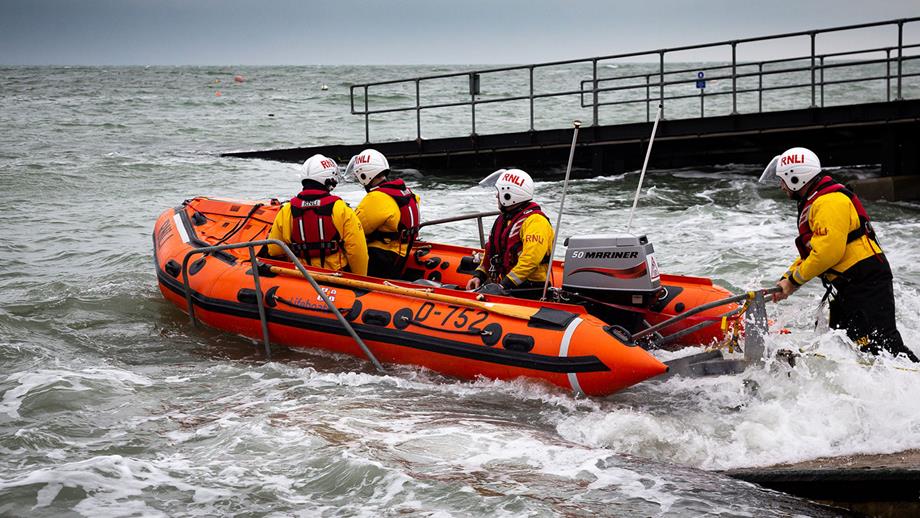 Swanage D Class Lifeboat launching in the water