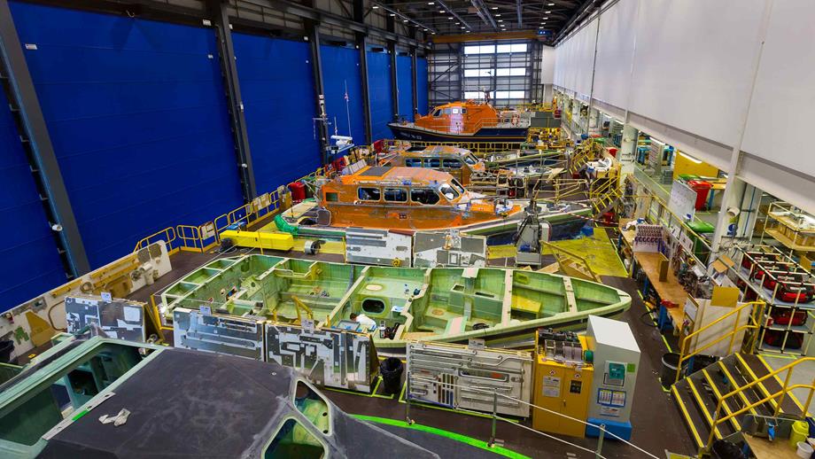 View of Shannon class lifeboats being built at the All-weather Lifeboat Centre