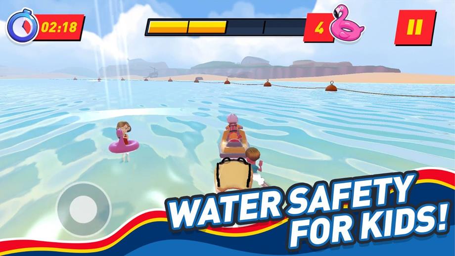 Still from the Storm Force Rescue game showing a lifeguard on a rescue watercraft going to the aid of a person in the water