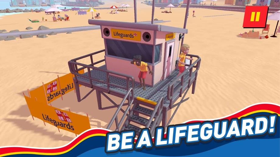 Still from the Storm Force Rescue game showing a lifeguard stood watching the waves on a lifeguard tower