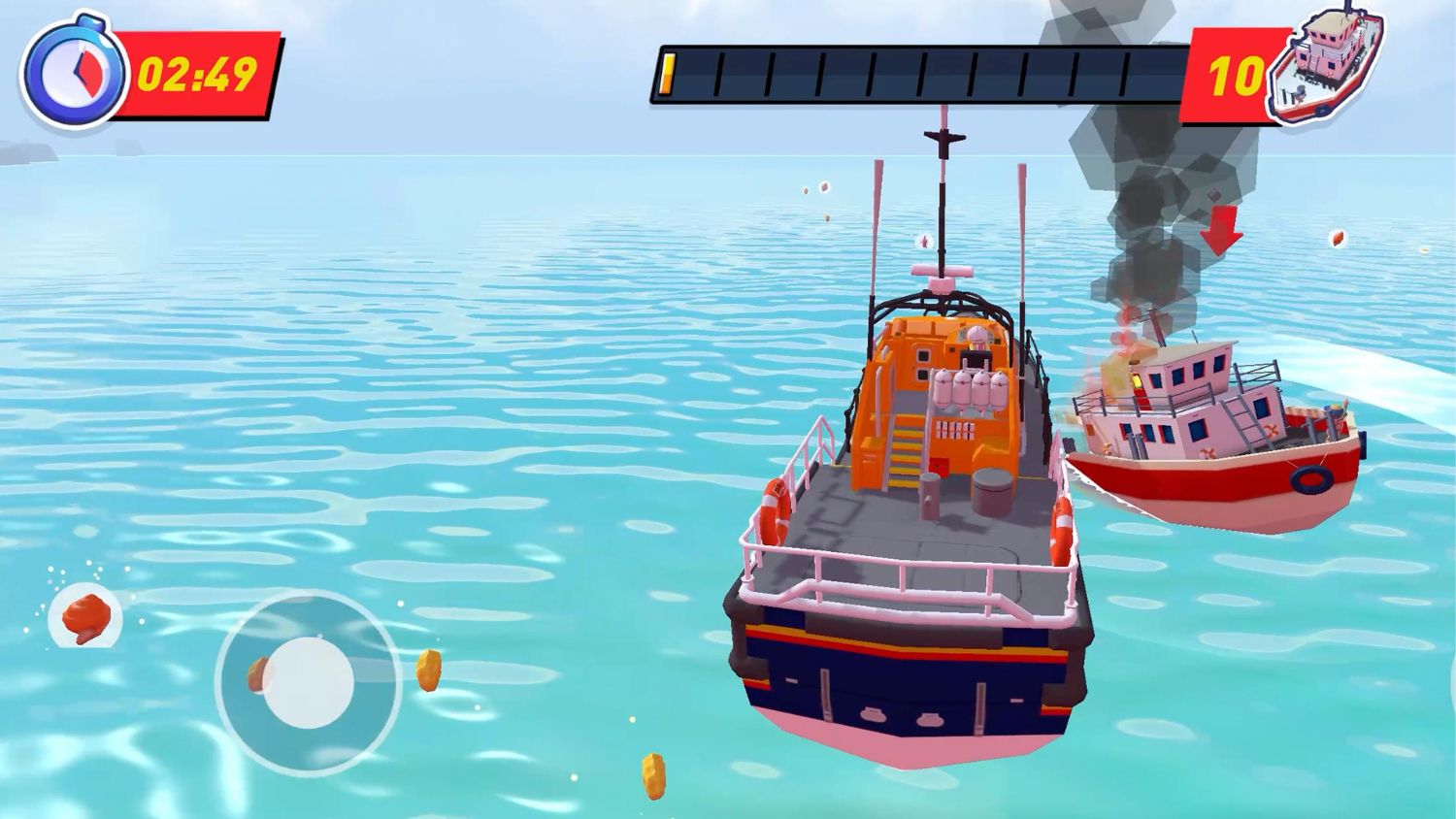 Still from the Storm Force Rescue game showing a Tamar class lifeboat going to the aid of a sinking fishing vessel