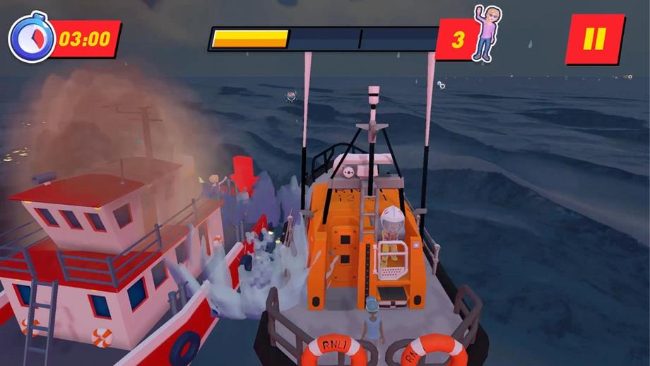 Still from the Storm Force Rescue game showing a Tamar class lifeboat alongside a burning vessel rescuing the crew 