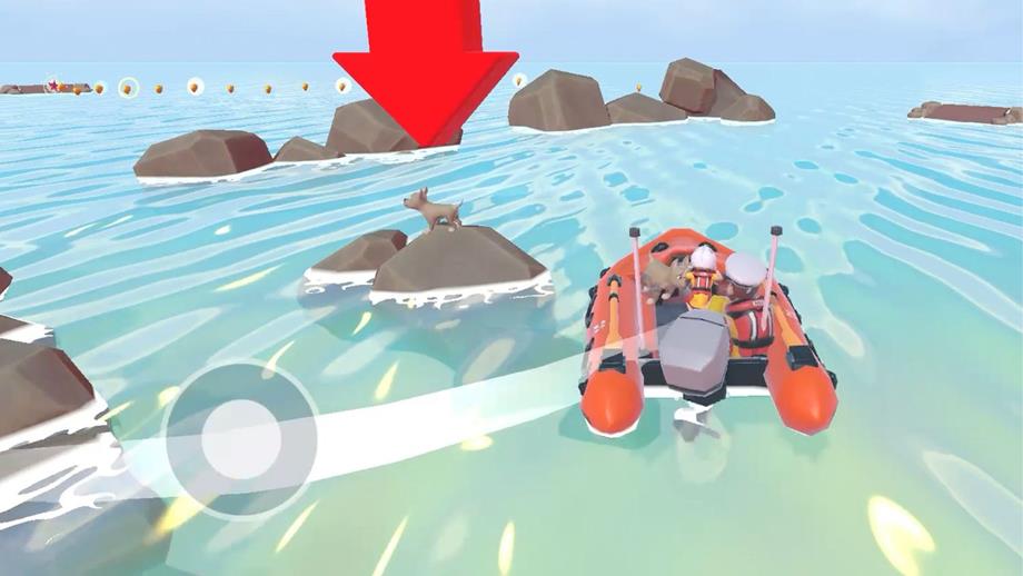 Still from the Storm Force Rescue game showing a B class class lifeboat going to the aid of a dog trapped on rocks